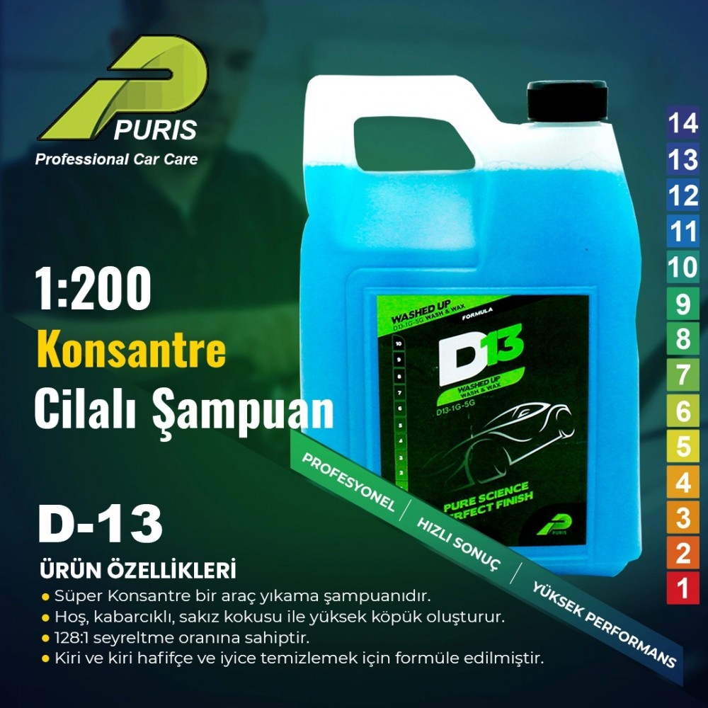 Puris D13 Washe Up Wash&Wax Konsantre Cilalı Şampuan 3,78 LT (1:200 Konsantre)