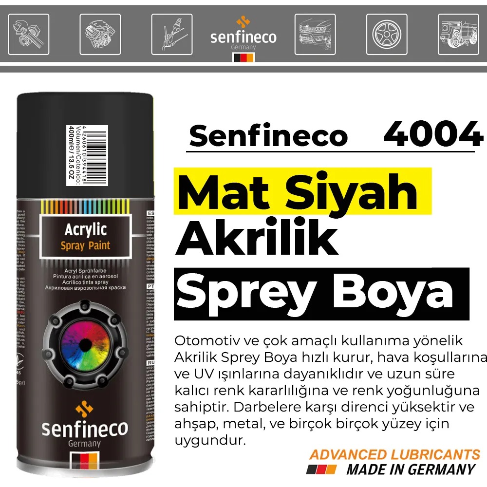 Senfineco 4004 Mat Siyah Akrilik Sprey Boya 400 ML.