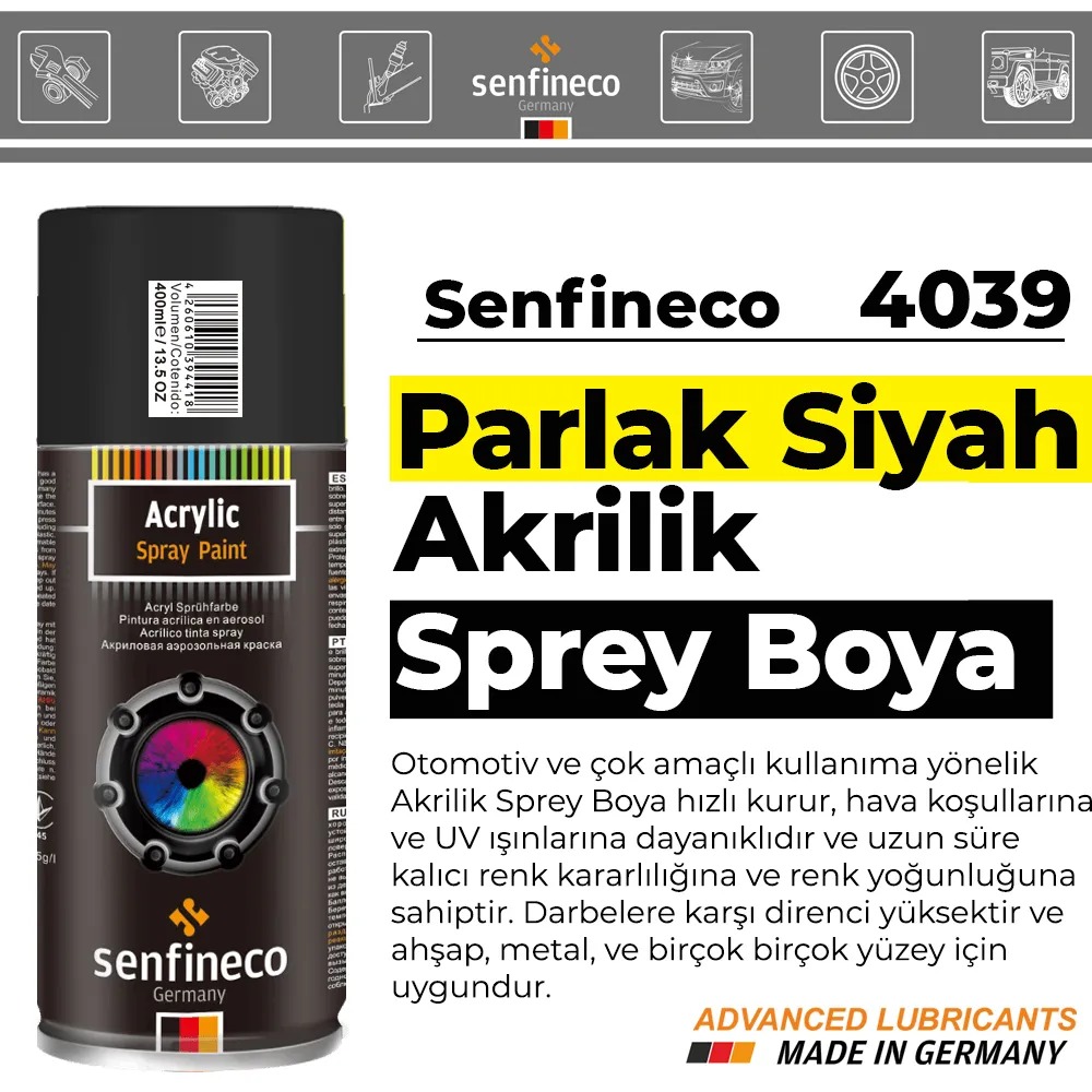 Senfineco 4039 Parlak Siyah Akrilik Sprey Boya 400 ML.